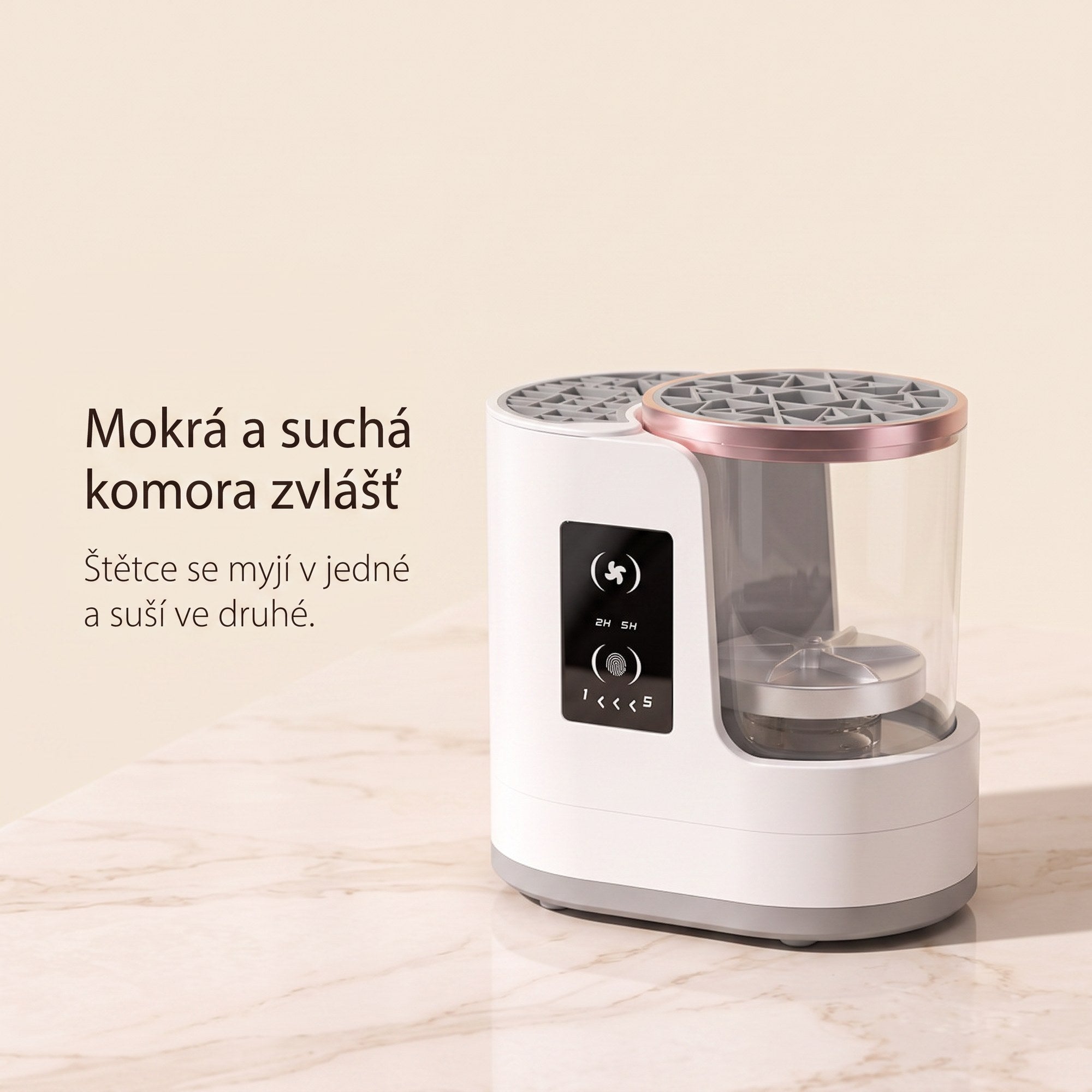 Mokrá a suchá komora zvlášť — štětce se myjí v jedné a suší ve druhé