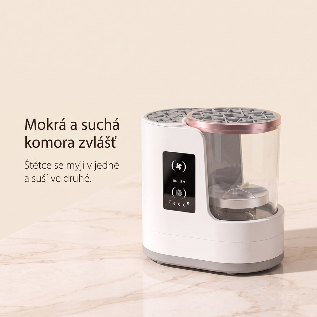 Mokrá a suchá komora zvlášť — štětce se myjí v jedné a suší ve druhé